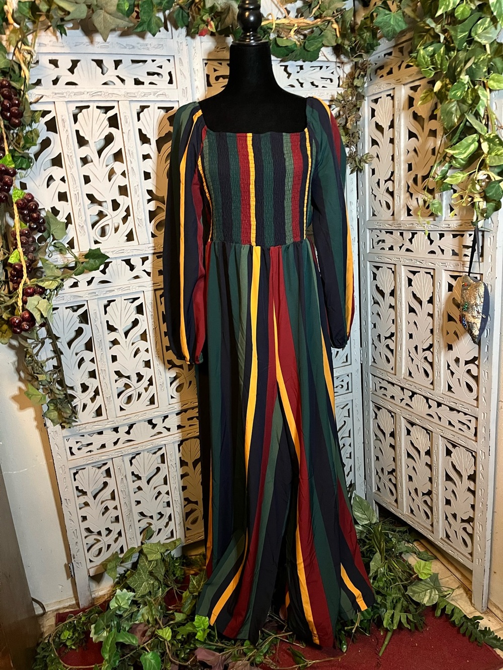 MAXI FASHION GREEN & MULTICOLOR VERTICAL COLOR BLOCKS LONG SLEEVE PANTS JUMPSUIT